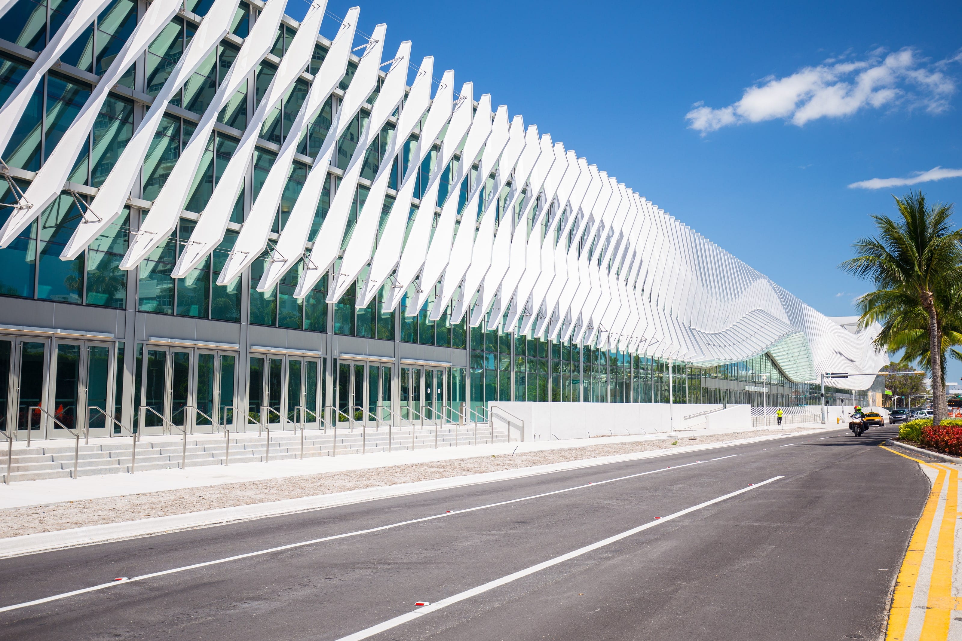 Miami Beach Convention Center's wave of white aluminum fins along the street